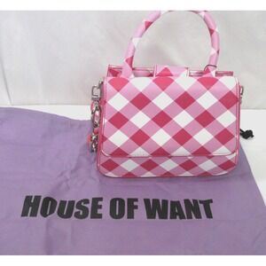 HOUSE OF WANT NEWBIE VEGAN LEATHER SATCHEL BAG Fuchsia Gingham NEW WITH‎ TAGS